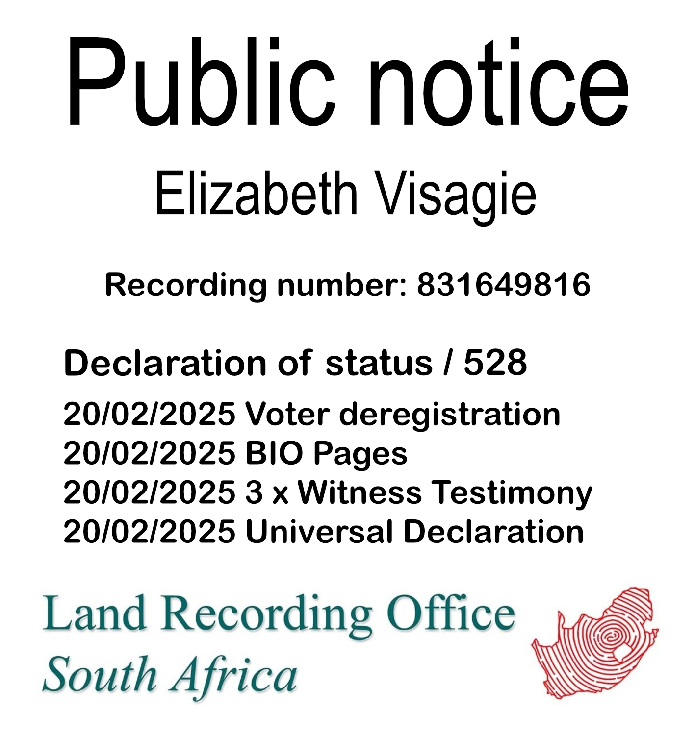 Public notice Elizabeth Visagie Recording number 831649816